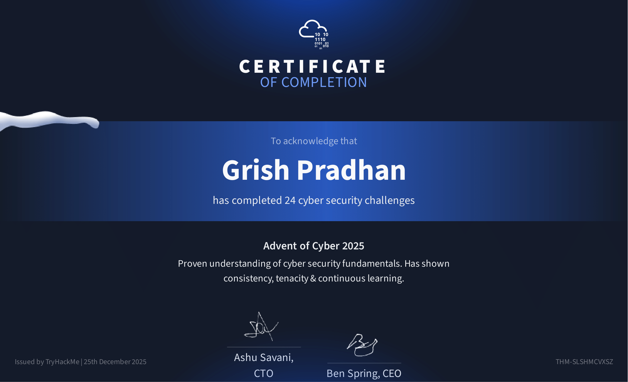 Advent of Cyber 2025 certificate