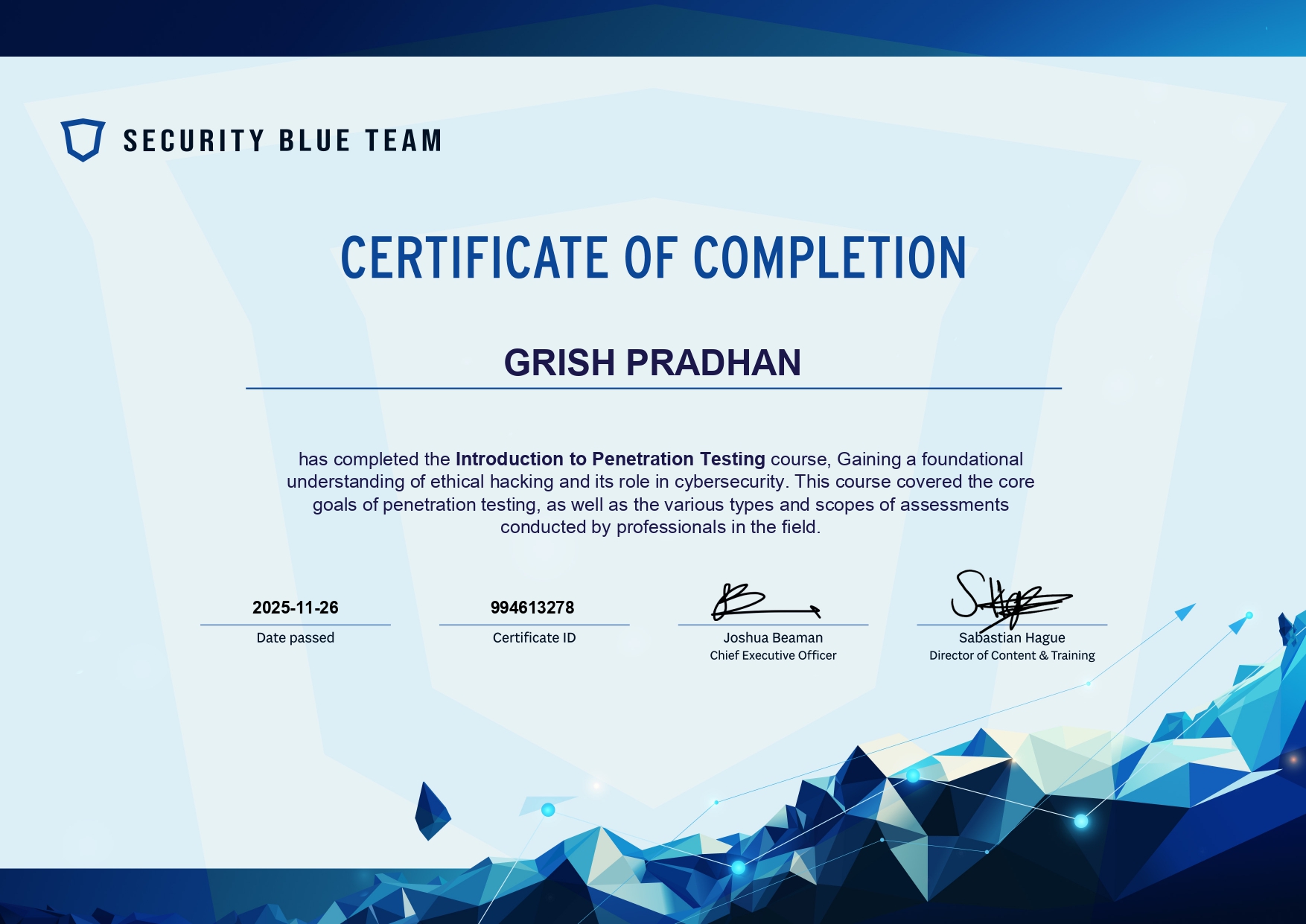 Intro to Penetration Testing certificate